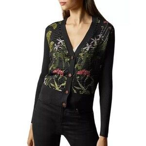 Ted Baker London Cardigan US Small UK 10 Black Viscose Floral V-Neck Lightweight